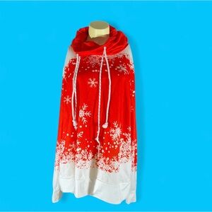 Red/Orange and White Snowflake Cowl Neck Poncho